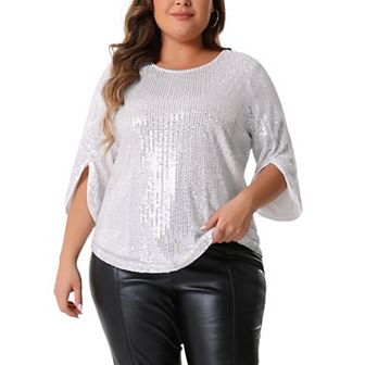 Plus Size Tops For Women Glitter 3/4 Slit Sleeve Crew Neck Shimmer Sparkle Sequin Party Blouse Tops