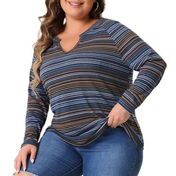 Plus Size Casual Tops For Women Long Sleeve T-shirt Notch V Neck Blouses Fall Winter Tunics