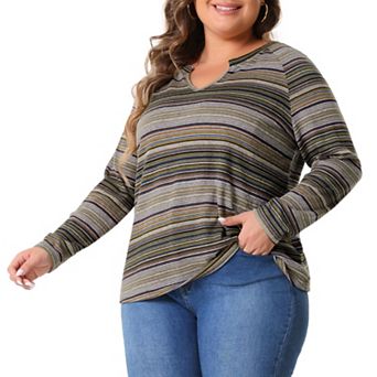 Plus Size Casual Tops For Women Long Sleeve T-shirt Notch V Neck Blouses Fall Winter Tunics