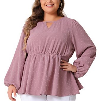 Plus Size Top For Women Textured Keyhole Cut Out Long Sleeve Swiss Dots Babydoll Peplum Blouse