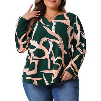 Plus Size Tops For Women V Neck Long Sleeve Printed Business Casual Shirts Blouse