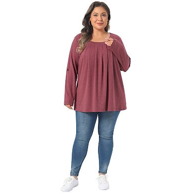 Plus Size Blouses for Women Long Sleeve Square Neck Flowy Pleated Loose Fit Tunic Tops