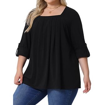 Plus Size Blouses for Women Long Sleeve Square Neck Flowy Pleated Loose Fit Tunic Tops