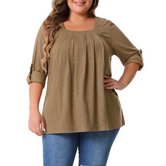 Plus Size Blouses for Women Long Sleeve Square Neck Flowy Pleated Loose Fit Tunic Tops