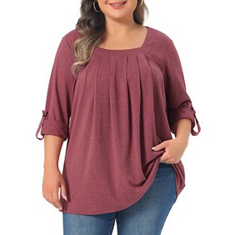 Plus Size Blouses for Women Long Sleeve Square Neck Flowy Pleated Loose Fit Tunic Tops