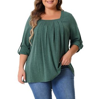 Plus Size Blouses for Women Long Sleeve Square Neck Flowy Pleated Loose Fit Tunic Tops