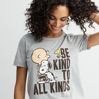 Juniors' Peanuts Charlie Brown, Snoopy & Woodstock Be Kind To All Kinds Roll Cuff Graphic Tee