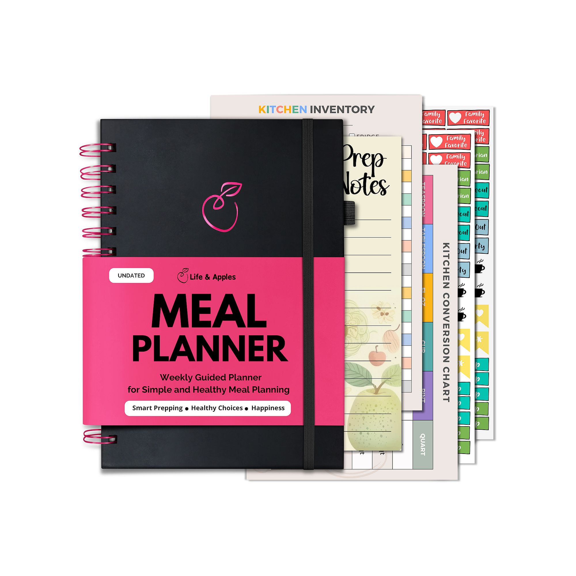 Life & Apples Meal Planner Notebook with Grocery List, Pink Spiral