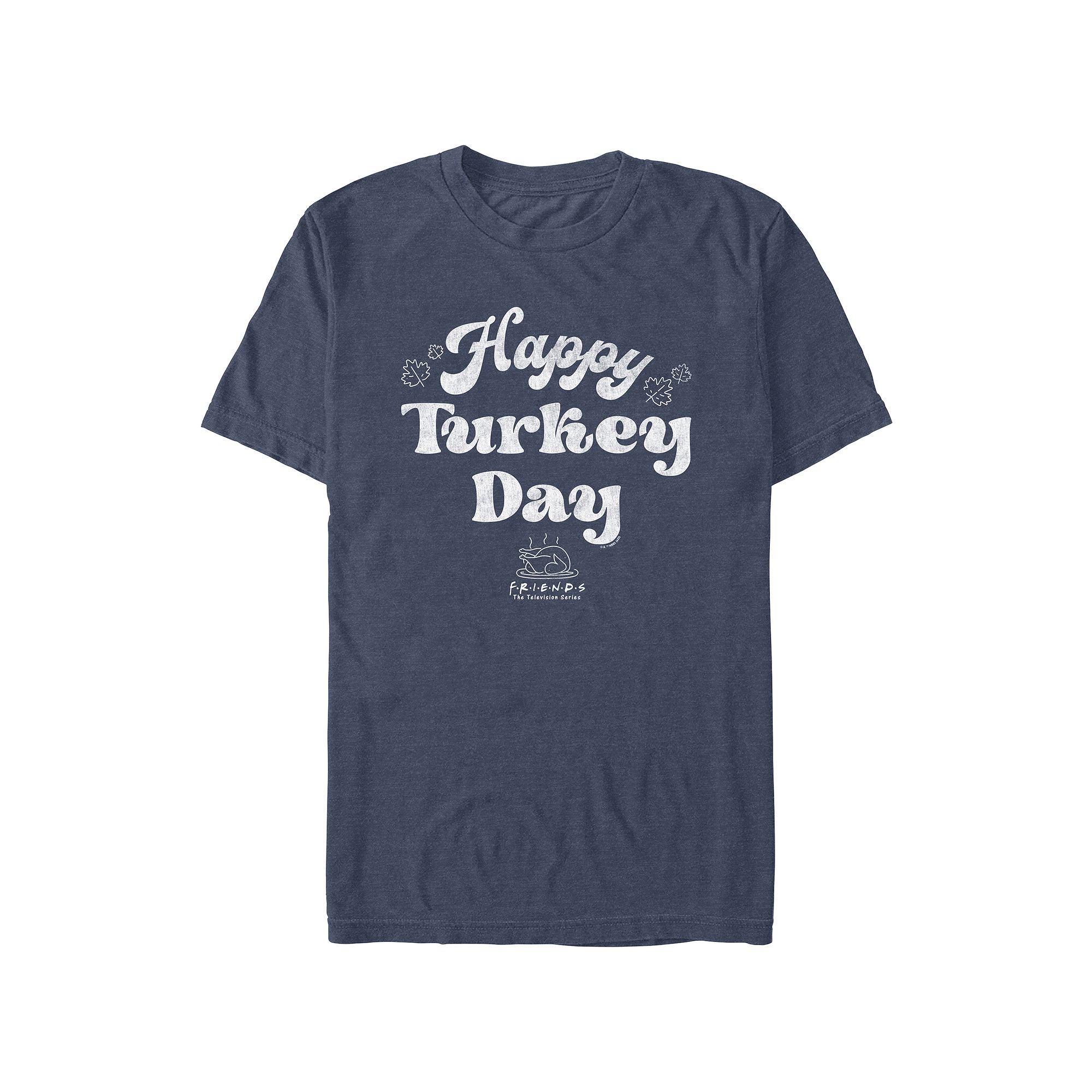 Mens Friends Happy Turkey Day Graphic Tee, Size: XS, Navy Grey
