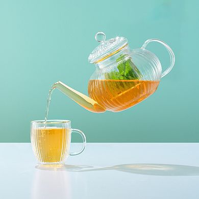 JoyJolt Fluted Glass 34 oz Teapot with Loose Tea Filter