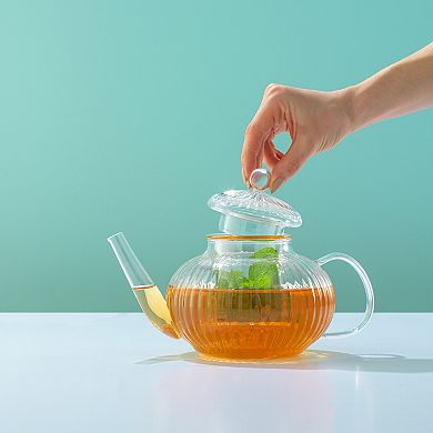 JoyJolt Fluted Glass 34 oz Teapot with Loose Tea Filter