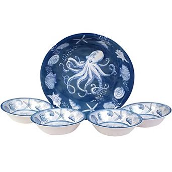 5 pc Dinner Bowl Set Featuring Starfish, Sea Shells, and Octopus Design