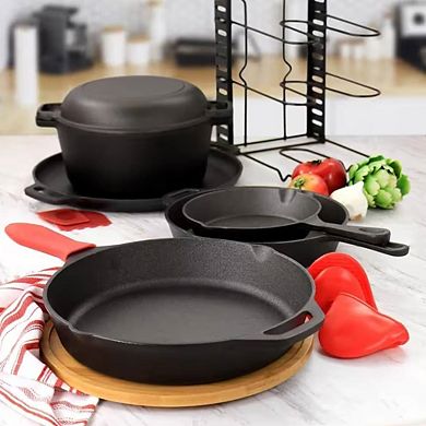 Cast Iron Cookware Set 12-Piece Pre-Seasoned Skillet, Dutch Oven, Pizza Pan, & Oven-Safe Accessories
