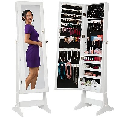 Full-Length Mirror Jewelry Armoire with Locking Door and Built-In Accessory Storage, 58 inch, White