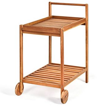Natural Wood Rolling Serving Cart with Bottom Shelf and Wheels for Dining and Entertaining