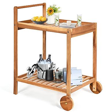 Natural Wood Rolling Serving Cart with Bottom Shelf and Wheels for Dining and Entertaining