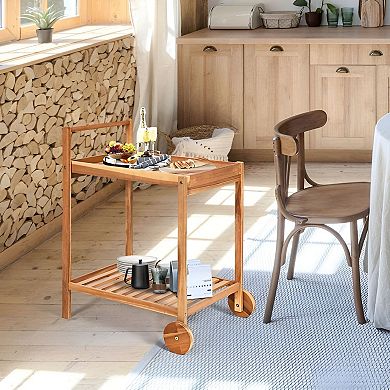 Natural Wood Rolling Serving Cart with Bottom Shelf and Wheels for Dining and Entertaining
