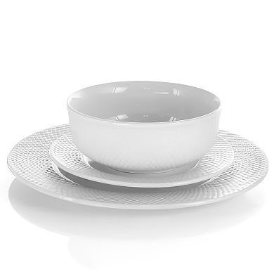 White Porcelain Dinnerware Set 18-Piece with Textured Design, Service for Four