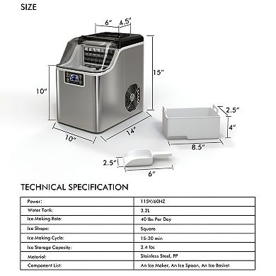 Countertop Electric Ice Maker 40 lbs/Day Fast 15-Min Cycle Portable for Kitchen or Office Silver