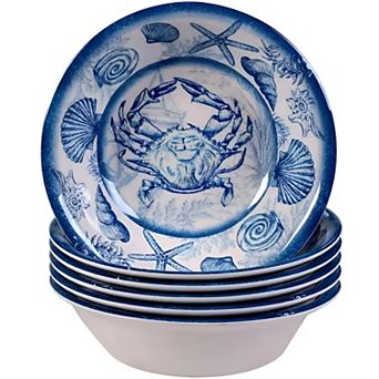 Ocean-Themed 6 pc Dinner Bowl Set with Shells, Crab, and Starfish Design