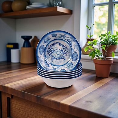 6-Piece Blue and White Melamine Salad Bowl Set with Coastal Shell Design