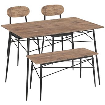 Rustic Brown 4 pc Dining Set with Table Bench and 2 Chairs Compact Wood Top and Cushioned Seats