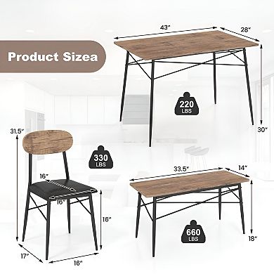 Rustic Brown 4-Piece Dining Set with Table Bench and 2 Chairs Compact Wood Top and Cushioned Seats