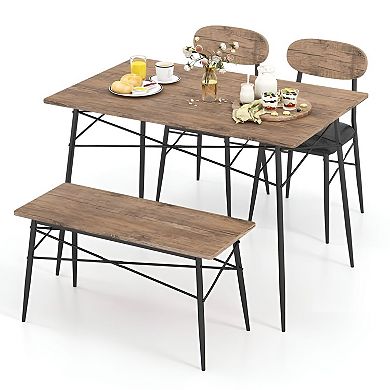 Rustic Brown 4-Piece Dining Set with Table Bench and 2 Chairs Compact Wood Top and Cushioned Seats