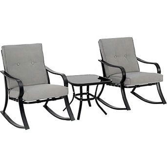 3 pc Outdoor Patio Furniture Set, Rocking Chairs with Cushions & Metal Coffee Table