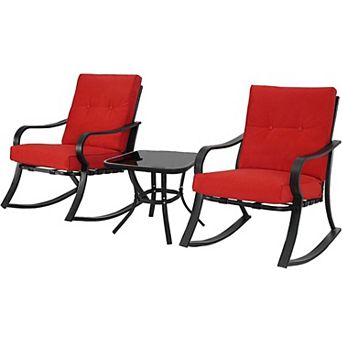 3 pc Outdoor Patio Furniture Set, Rocking Chairs with Cushions & Metal Coffee Table