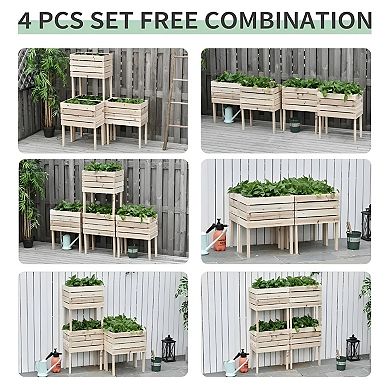 4-Piece Wooden Elevated Planter Set with Drain Pans, Natural Wood, Raised Garden Boxes