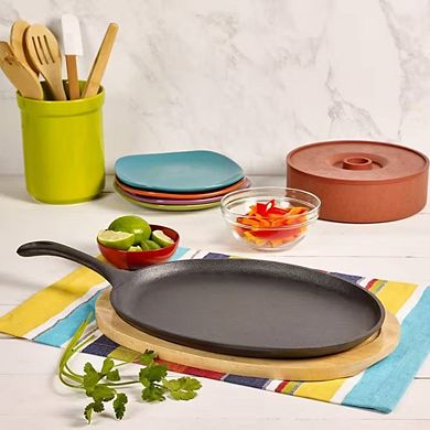 2-Piece Cast Iron Skillet and Wood Trivet Set, 9-Inch Oval Sizzling Fajita Pan, Black
