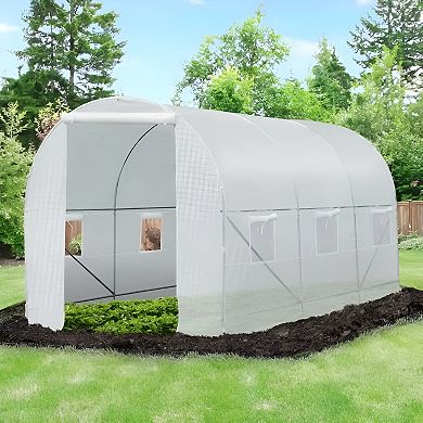 White Outdoor Walk-In Greenhouse 14.7' x 6.5' Steel Frame, Roll-Up Door, Mesh Ventilation
