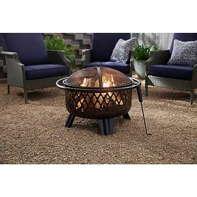 Round 29'' Outdoor Fire Pit Grill with Wood Grate, Mesh Cover, & Poker for Camping or Patio, Black