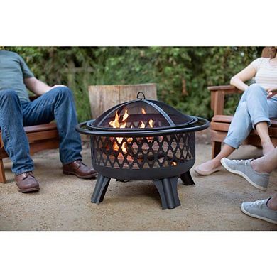 Round 29'' Outdoor Fire Pit Grill with Wood Grate, Mesh Cover, & Poker for Camping or Patio, Black