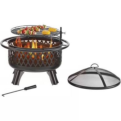 Round 29'' Outdoor Fire Pit Grill with Wood Grate, Mesh Cover, & Poker for Camping or Patio, Black