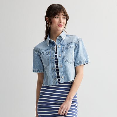X-girl - 【X-girl】DENIM CROPPED SHIRT 7357302_Light_Medium_Acid_Wash