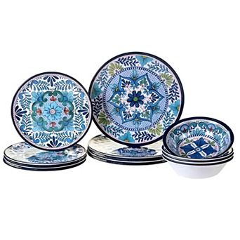 12 pc Melamine Dinnerware Set Plates & Bowls with Blue Floral Pattern