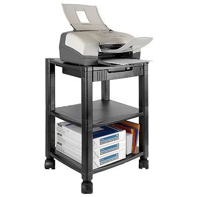 3-Shelf Mobile Printer Stand - Black, Organizer Drawer, Adjustable Height, Swivel Casters