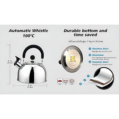 Stainless Steel Whistling Tea Kettle 2.5 Qt, Stovetop Water Kettle for Tea and Coffee, Silver