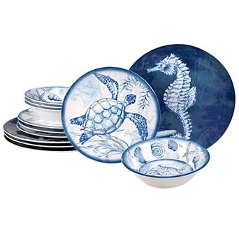 12 pc Ocean Theme Dinnerware Set with Sea Shell Design Plates & Bowls