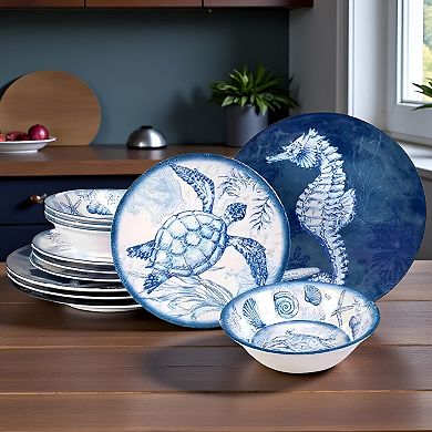 12-Piece Blue and White Melamine Dinnerware Set with Ocean Shell Design