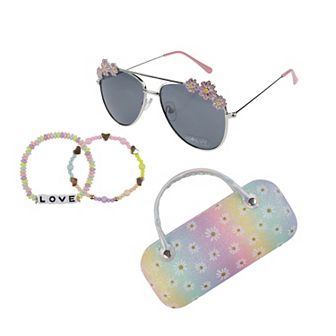 Girls Capelli Rainbow Glitter Daisy Sunglasses, Case & 2 pc Bracelet Set
