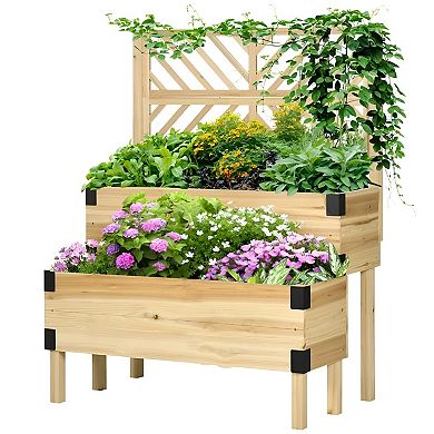 Wooden Raised Garden Bed with 2 Troughs & Self-Draining Design, Lattice Trellis for Climbing Plants