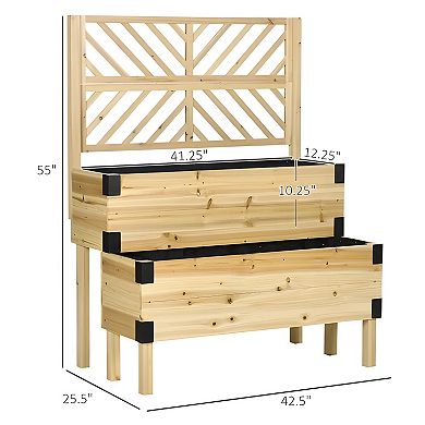 Wooden Raised Garden Bed with 2 Troughs & Self-Draining Design, Lattice Trellis for Climbing Plants