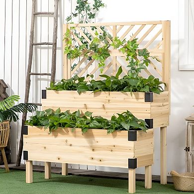Wooden Raised Garden Bed with 2 Troughs & Self-Draining Design, Lattice Trellis for Climbing Plants