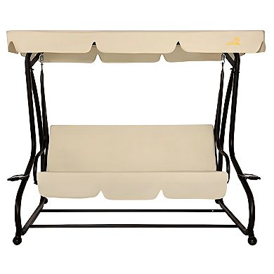 3-Seat Patio Canopy Swing with Cushions, Futon Bed, Cup Holders and Trays