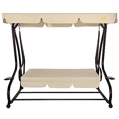 3-Seat Patio Canopy Swing with Cushions, Futon Bed, Cup Holders and Trays