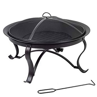 30-Inch Round Steel Fire Pit for Outdoors with Mesh Cover and Poker Tool