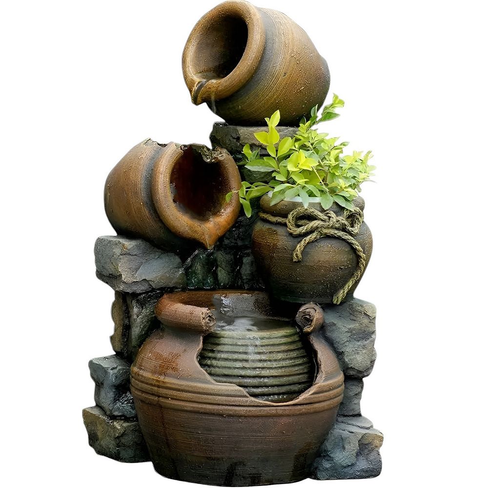 23.6 inch 3-Tier Pouring Pot Outdoor Fountain with Built-In Planter and ...